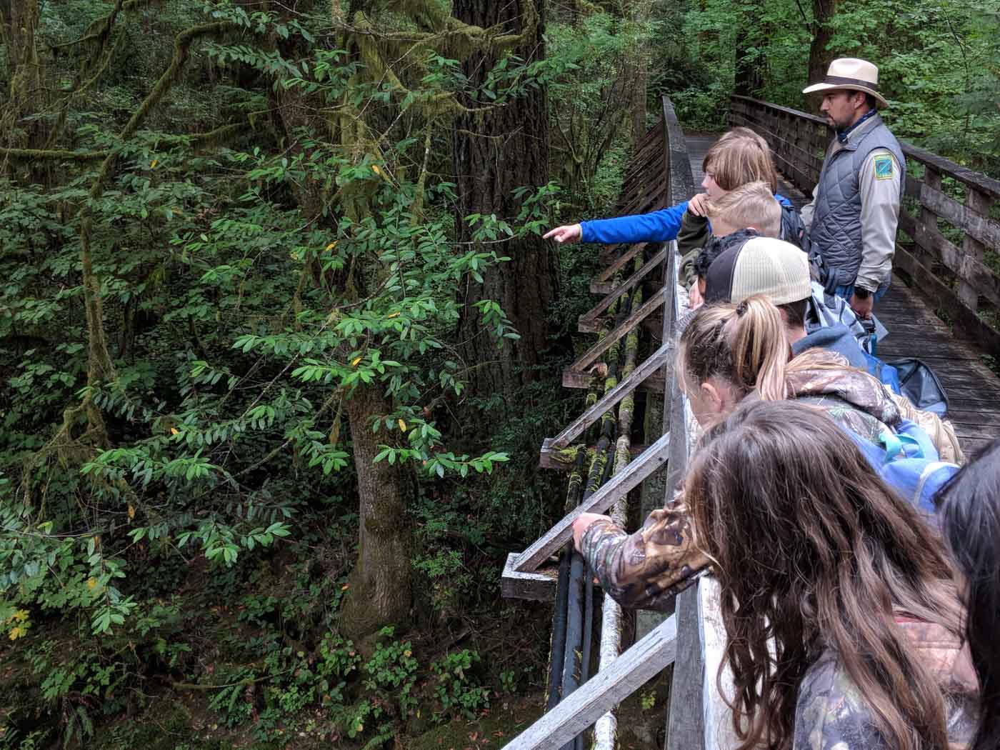 children and ranger viewing from bridge