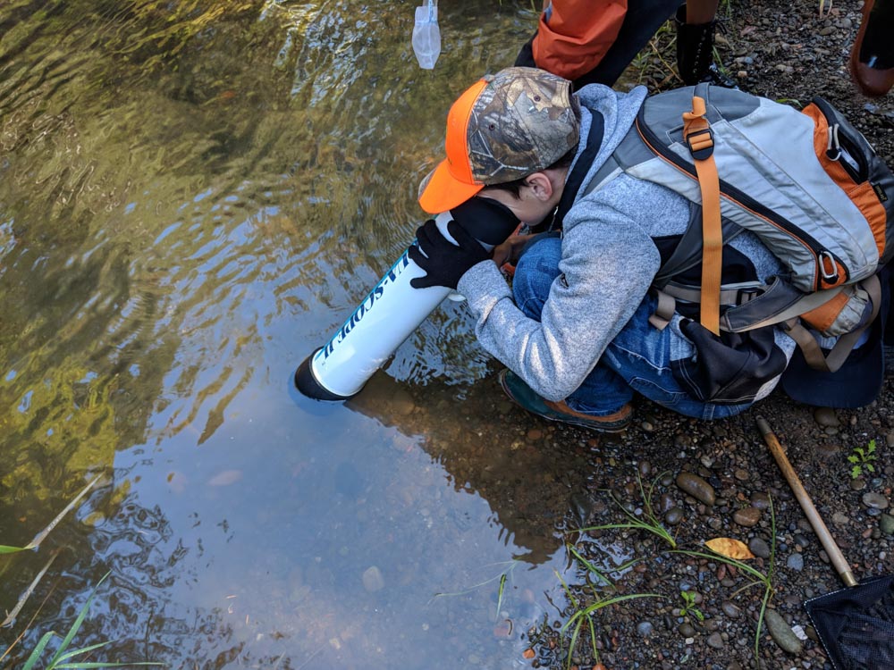 child viewing water through scope