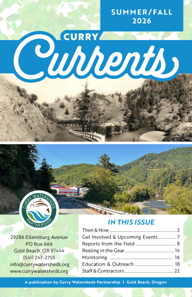 Two photos, one on top of the other showing Hunter Creek in the early 1900's and now. Looking down the old coast road with Hunter Creek on the right.